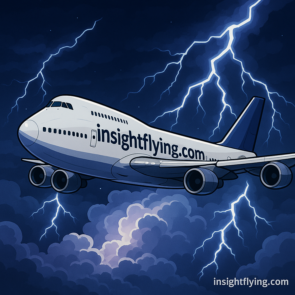 Boeing 747 cruising and fly through thunderstorm