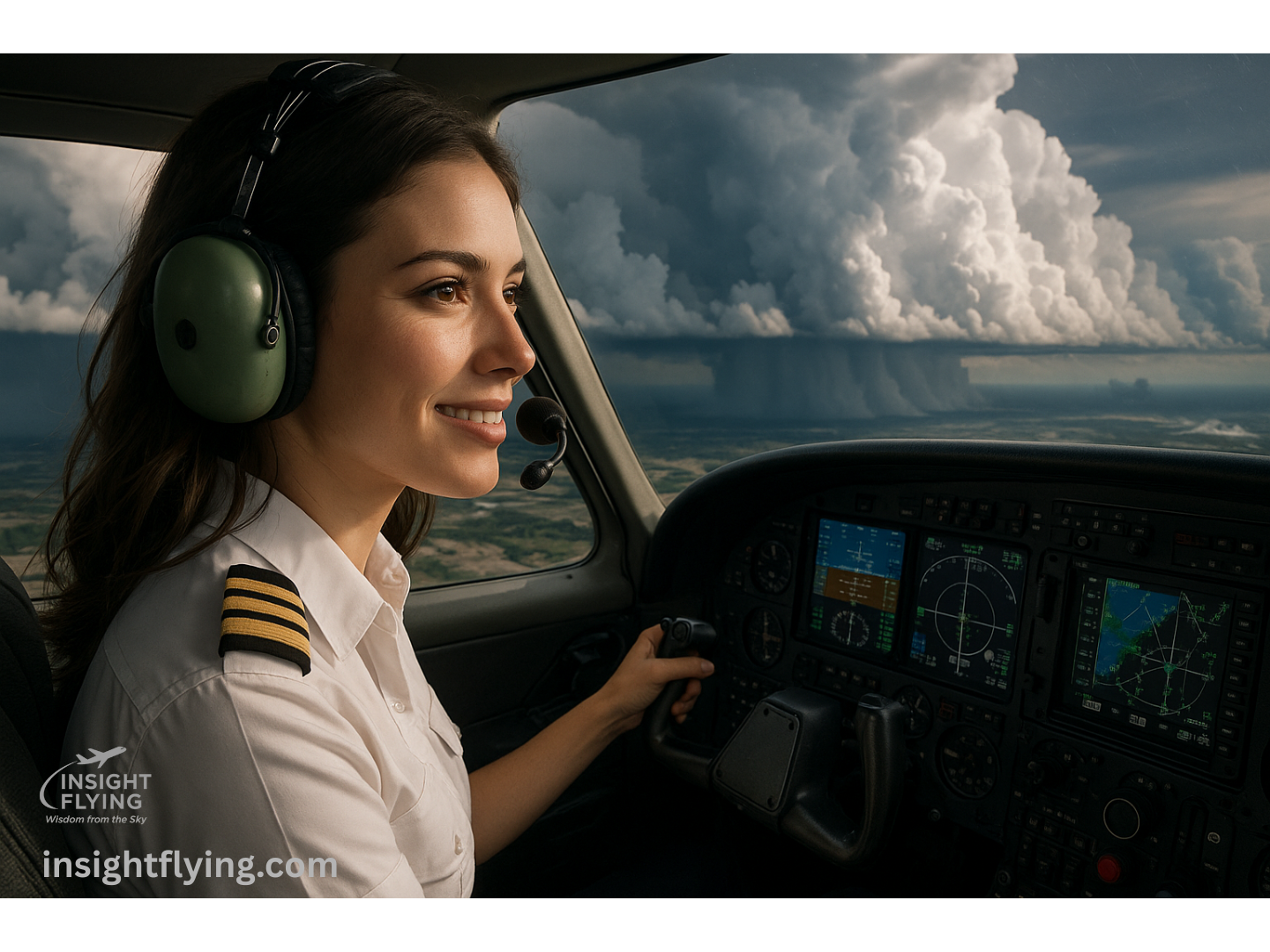 women pilot flying aircraft with squall line outside