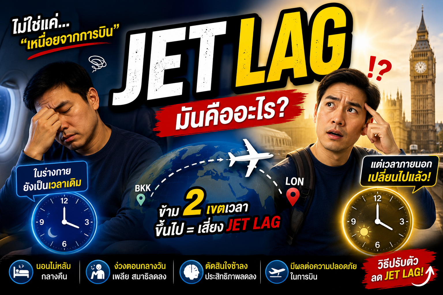 Jet Lag ไม่ใช่แค่ความเหนื่อยจากการเดินทาง แต่เป็นภาวะที่นาฬิกาชีวิตของร่างกายยังคงทำงานตามเวลาเดิม ในขณะที่โลกภายนอกเปลี่ยนเวลาไปแล้ว
